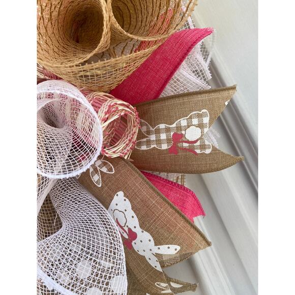 Welcome Bunnies Burlap Buffalo Check Easter Spring Deco Mesh & Ribbon Wreath - Picture 7 of 11